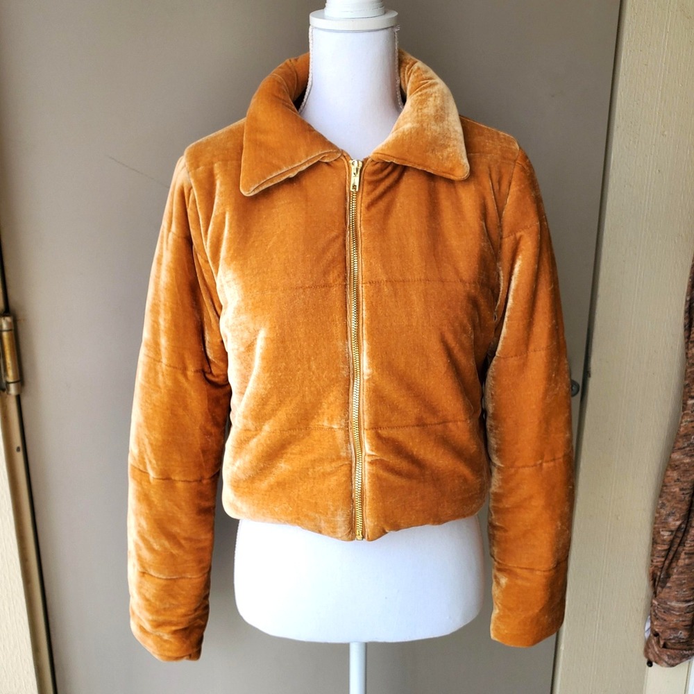 Shinestar Jacket Womens Large Orange Velvet Puffer Quilted Full Zip Cropped Cozy